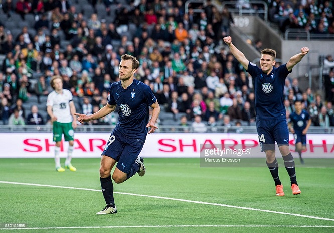 STOCKHOLM, SWEDEN - MAY 18: Magnus Wolff Eikrem of Malmo FF celebrates after scoring 3-2 during the Allsvenskan match between Hammarby IF and Malmo FF at Tele2 Arena on May 18, 2016 in Stockholm, Sweden. (Photo by Marcus Ericsson/Ombrello via Getty Images)