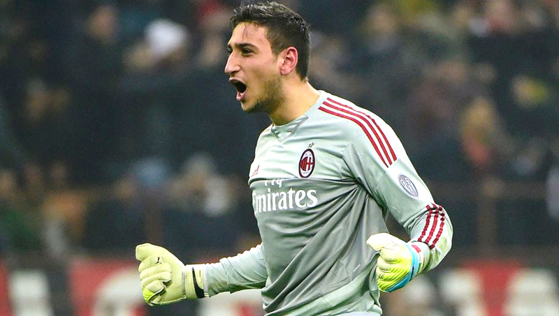 AC Milan's Italian goalkeeper Gianluigi Donnarumma celebrates during the Italian Serie A football match between AC Milan and Inter Milan at San Siro Stadium in Milan on January 31, 2016. / AFP / OLIVIER MORIN (Photo credit should read OLIVIER MORIN/AFP/Getty Images)